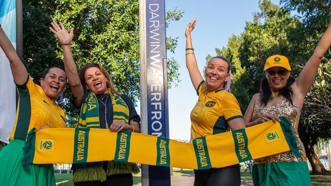 Paula Dacosta, Selina Holtze, Tammy Denniss and Fairy Lou as thousands of fans gather to watch the Matildas take on England in the World Cup Semifinal at Darwin Waterfront. Picture: Pema Tamang Pakhrin