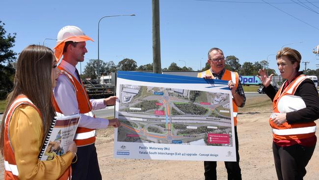 Transport and Main Roads Minister Mark Bailey at a press conference about the start of the Exit 41 upgrade at Yatala, part of more than $2.3 billion in M1 upgrades underway. (L to R) Meaghan Scanlon member for Gaven, Mark Bailey, Mel McMahon member Macalister, and Chris Johnson candidate for Coomera. Picture: NCA NewsWire / Steve Holland