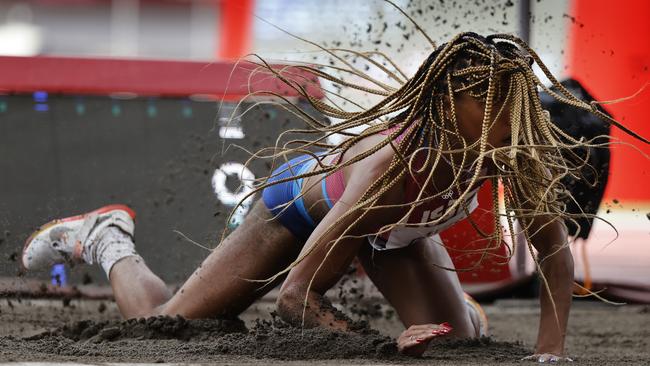 Tara Davis of the USA lands in the final of the women’s long jump. Picture: Alex Coppel.