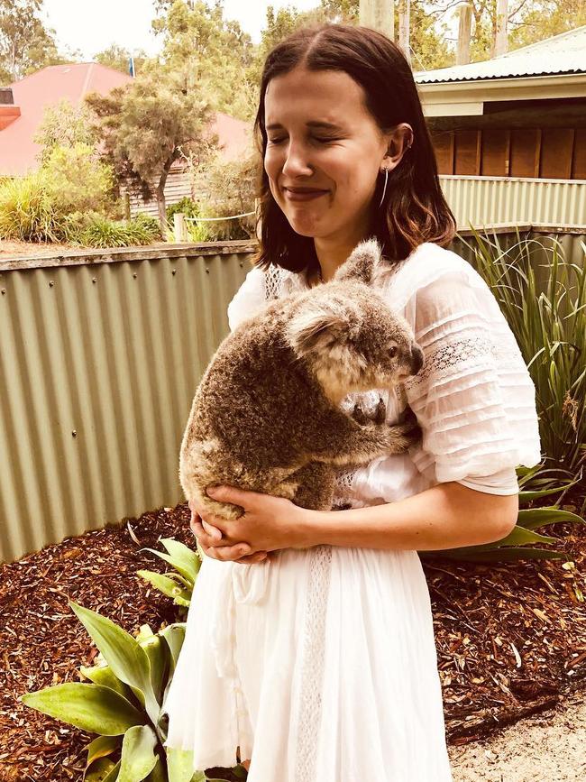 Actor Millie Bobby Brown cuddles a koala in Brisbane. Photo: Instagram @milliebobbybrown