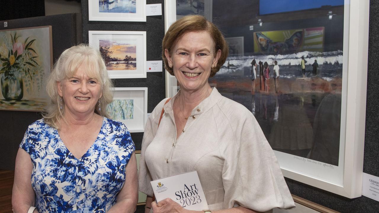 Helena Stark and Wendy Jackson at the Toowoomba Grammar School Art Show. Saturday, March 25, 2023. Picture: Nev Madsen.