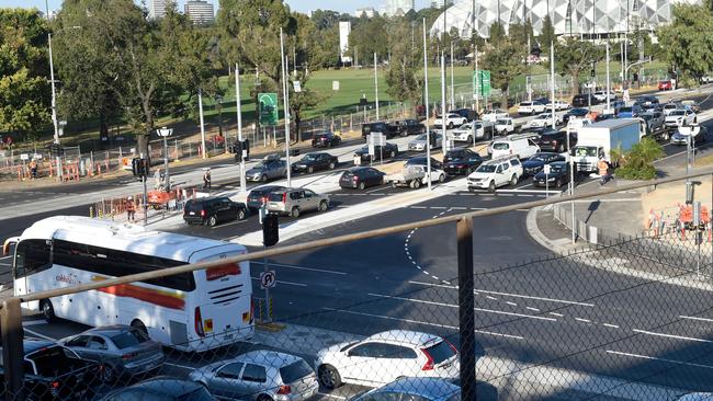 Peak-hour traffic banks up at the Punt Rd and Swan St turn on Monday. Picture: Tony Gough