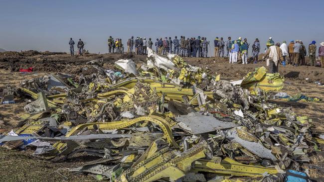 Wreckage piled at the crash scene of an Ethiopian Airlines flight crash which killed 157 people. Picture: Mulugeta Ayene/AP