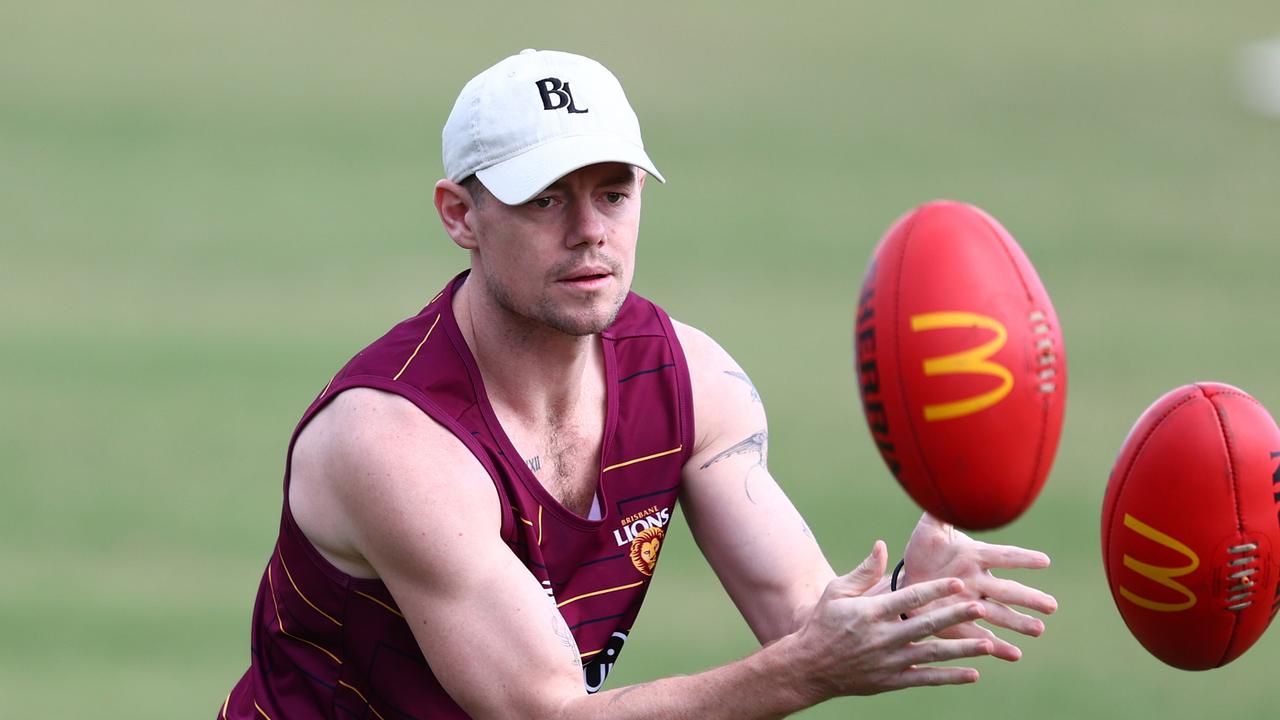 Lions star Lachie Neale trains lightly ahead of Saturday’s AFL preliminary final. Picture: Chris Hyde/Getty Images