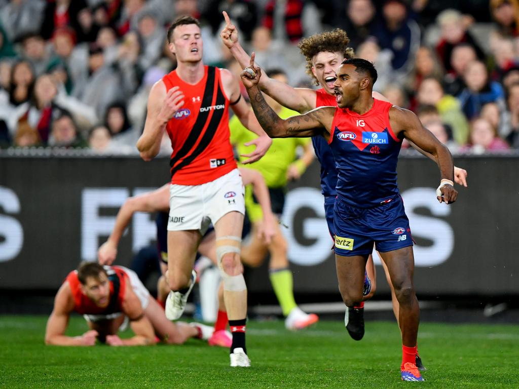 Kysaiah Pickett and Koltyn Tholstrup celebrate a goal against the Bombers. Picture: Josh Chadwick/AFL Photos/via Getty Images