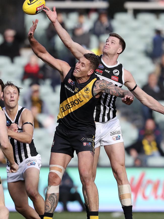 Jesse White contests the ruck with Port Adelaide’s Peter Ladhams. Picture: SARAH REED