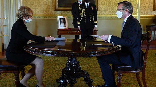 Mr Perrottet being sworn in as Premier by New South Wales Governor Margaret Beazley several weeks ago. Picture: Getty Images