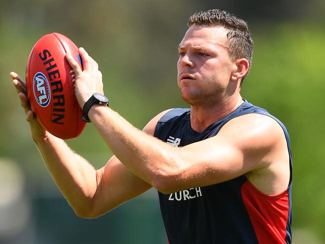 MELBOURNE, AUSTRALIA - NOVEMBER 19: Steven May of the Demons marks during a Melbourne Demons AFL training session at Gosch's Paddock on November 19, 2018 in Melbourne, Australia. (Photo by Quinn Rooney/Getty Images)