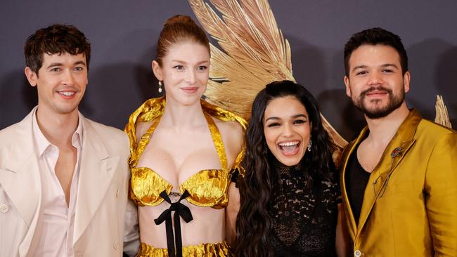 Tom Blyth, Hunter Schafer, Rachel Zegler and Jose Andres Rivera at the World Premiere of The Hunger Games: The Ballad of Songbirds &amp; Snakes in London last week. Picture: John Phillips/Getty Images for Lionsgate UK