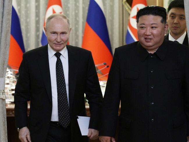 Russian President Vladimir Putin (L) and North Korea's leader Kim Jong-un arrive for a meeting at Kumsusan state residence in Pyongyang on June 19, 2024. Picture: Gavriil Grigorov/AFP