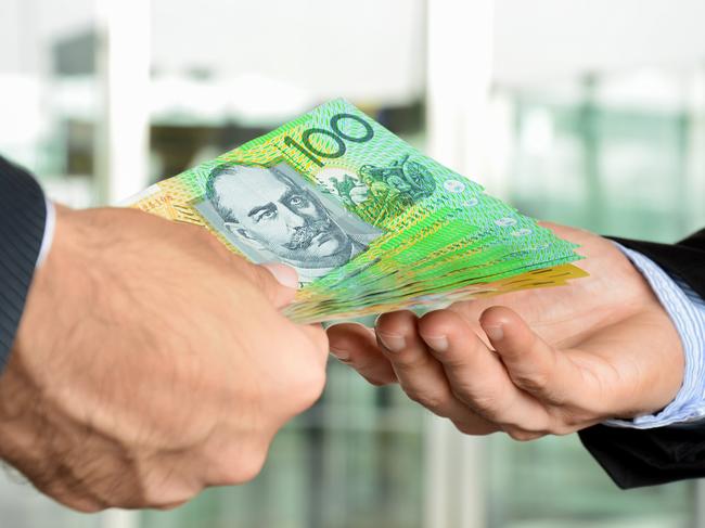 Hands of businessmen passing money, Australian money, notes,  income, generic