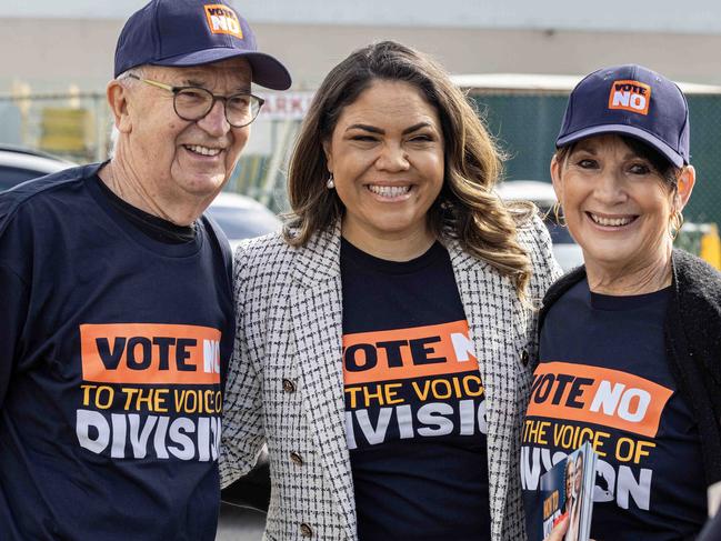 3/10/2023Leader of the Opposition Peter  Dutton , Senator Michaelia Cash and Shadow Minister for Indigenous Australians Senator Jacinta Nampijinpa Price in Perth to promote the no vote in The Voice referendum at a polling booth in Osbourne Park.Pic Colin Murty