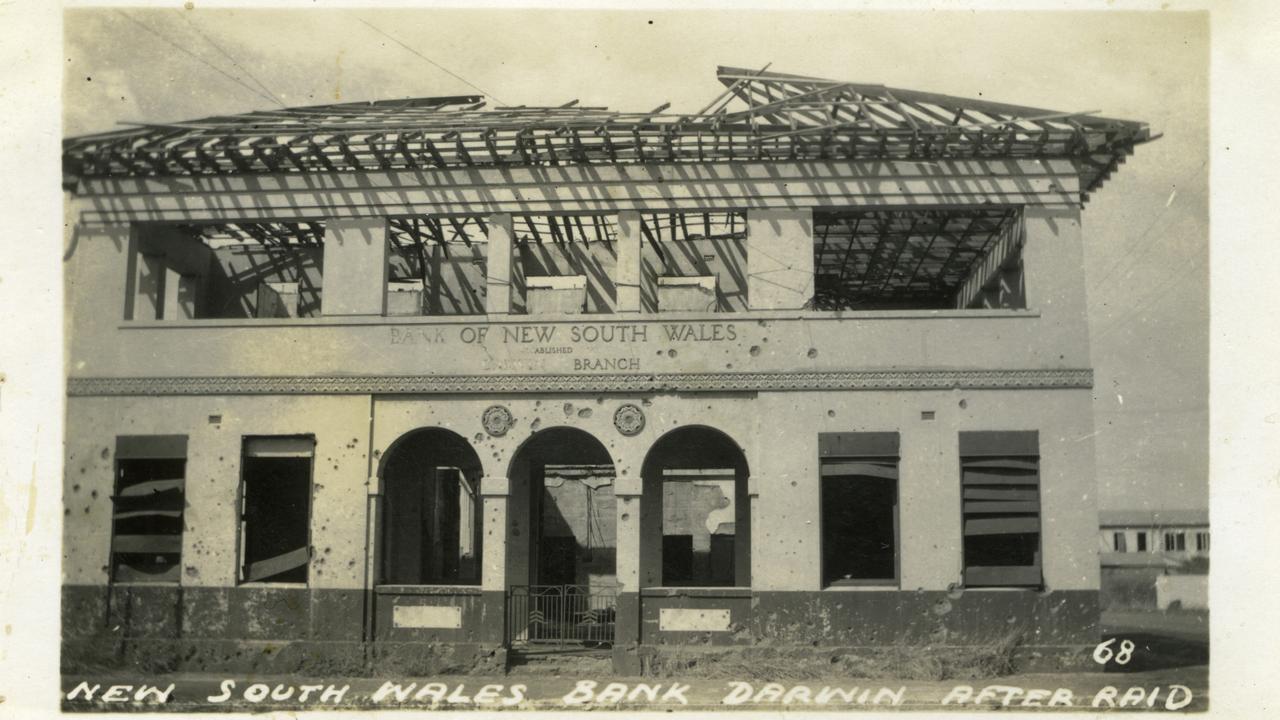 Bombing of Darwin: After 64 Air-raid from February 1942 to November 1943, Darwin was virtually destroyed. Pictured here are the remains of the Bank of NSW on the corner of Smith and Bennett Streets.