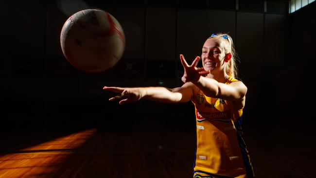 Sienna Burns at Netball SA Stadium, where she and the Newton Jaguars will take on Metro Jets in The Advertiser’s live stream of the Premier League. Picture: Matt Turner