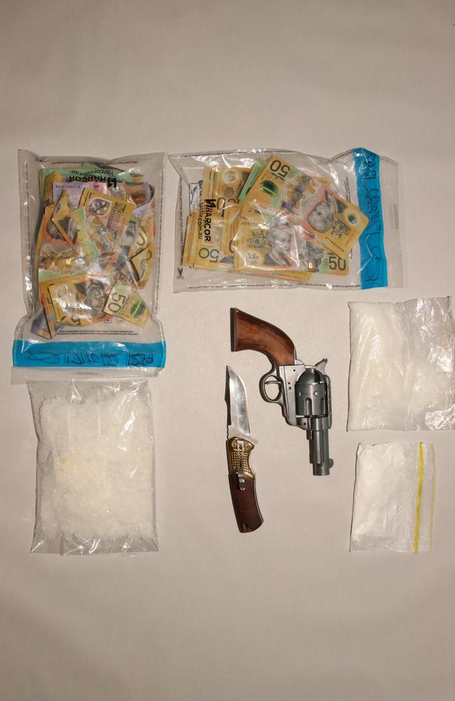 When police searched Lauchlan Joseph McGregor on the night of October 16 they found 32g of cocaine and 126g of meth on his person and a package containing 200g of meth in the vehicle. The police also found $25,000 in cash and a handgun and knife. Picture: Contributed.