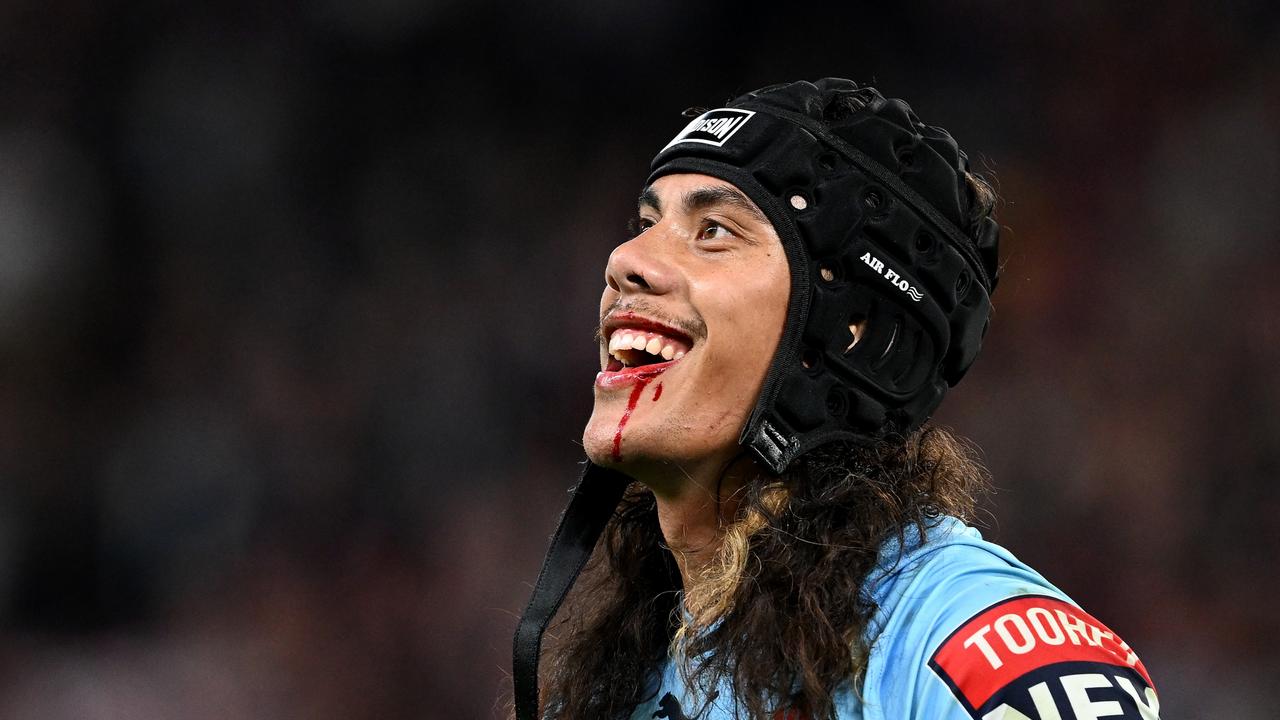 BRISBANE, AUSTRALIA - JUNE 21: Jarome Luai of the Blues reacts after been sent off for head butting Reece Walsh of the Maroons during game two of the State of Origin series between the Queensland Maroons and the New South Wales Blues at Suncorp Stadium on June 21, 2023 in Brisbane, Australia. (Photo by Bradley Kanaris/Getty Images)