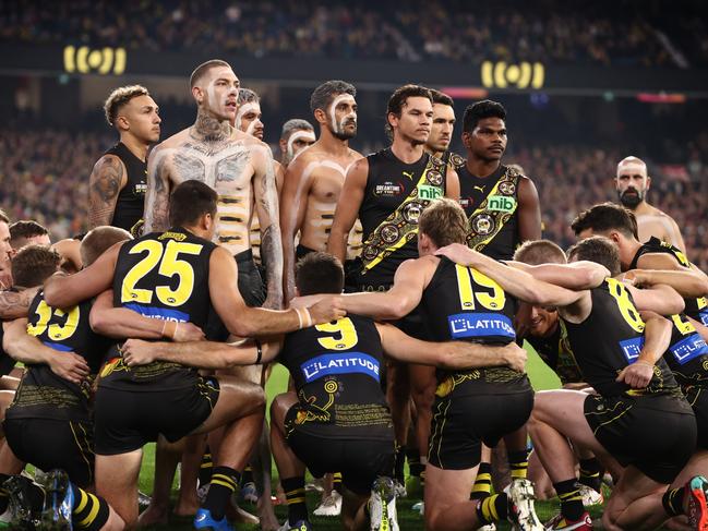 Richmond’s Indigenous players lead the pre-game event at the 2023 Dreamtime at the G. Picture: Michael Klein