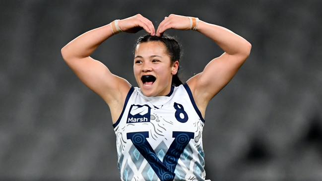 Mekah Morrissy celebrates kicking a goal for Vic Country during this year’s national U18 championships. Picture: Josh Chadwick/AFL Photos