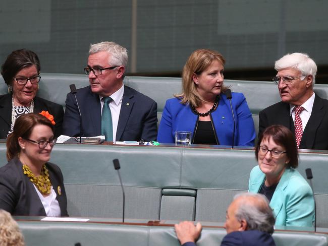 Cathy McGowan, Andrew Wilkie, Rebekha Sharkie, Bob Katter and Adam Bandt in Parliament. Picture: Kym Smith