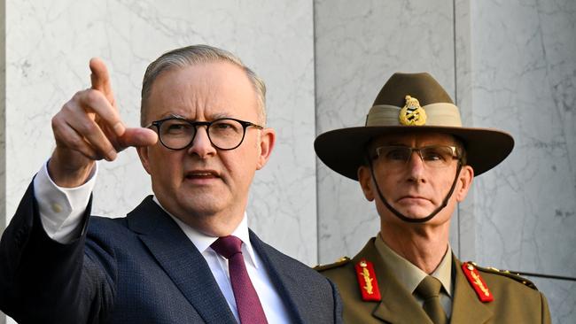 Prime Minister Anthony Albanese and Chief of the Australian Defence Force (ADF) Angus Campbell speak to reporters. Picture: AAP.