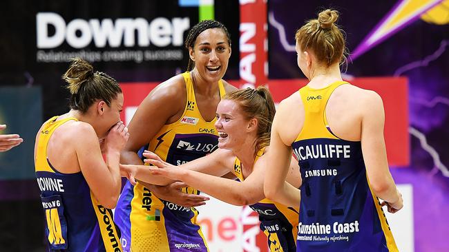 Sunshine Coast Lightning players celebrate their thrilling win. Picture: Getty