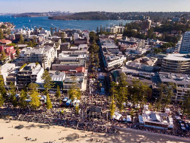 Aerial view of Manly, looking south along The Corso. A man 28, was charged with having sexual intercourse with a woman without her consent, at a Manly hotel on July 1 last year. Picture: Supplied