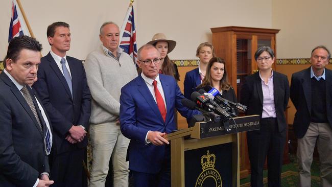 Premier Jay Weatherill (at lectern) with senators Nick Xenophon, Cory Bernardi, Sarah Hanson-Young and Penny Wong announce they are demanding a judicial review into water use in the Murray-Darling Basin. Picture: AAP Image/David Mariuz