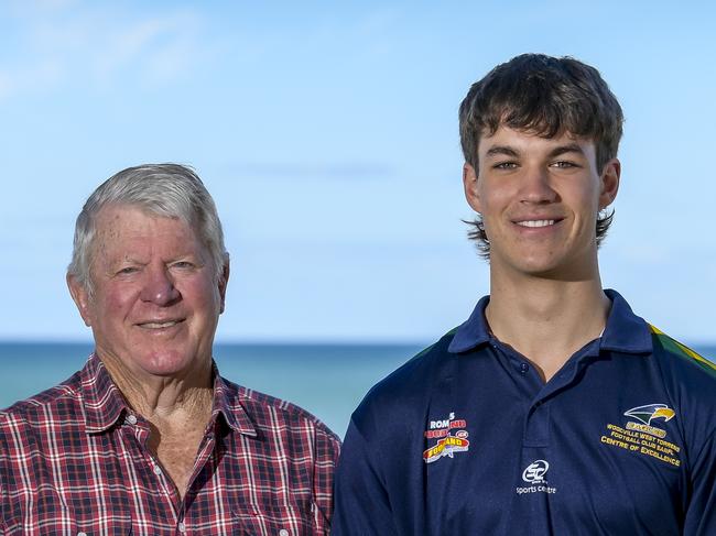 November 01 2024Woodville-West Torrens forward Charlie West  (R) with his grandfather, ex-AFL chief executive Wayne Jackson (L).Picture: RoyVPhotography