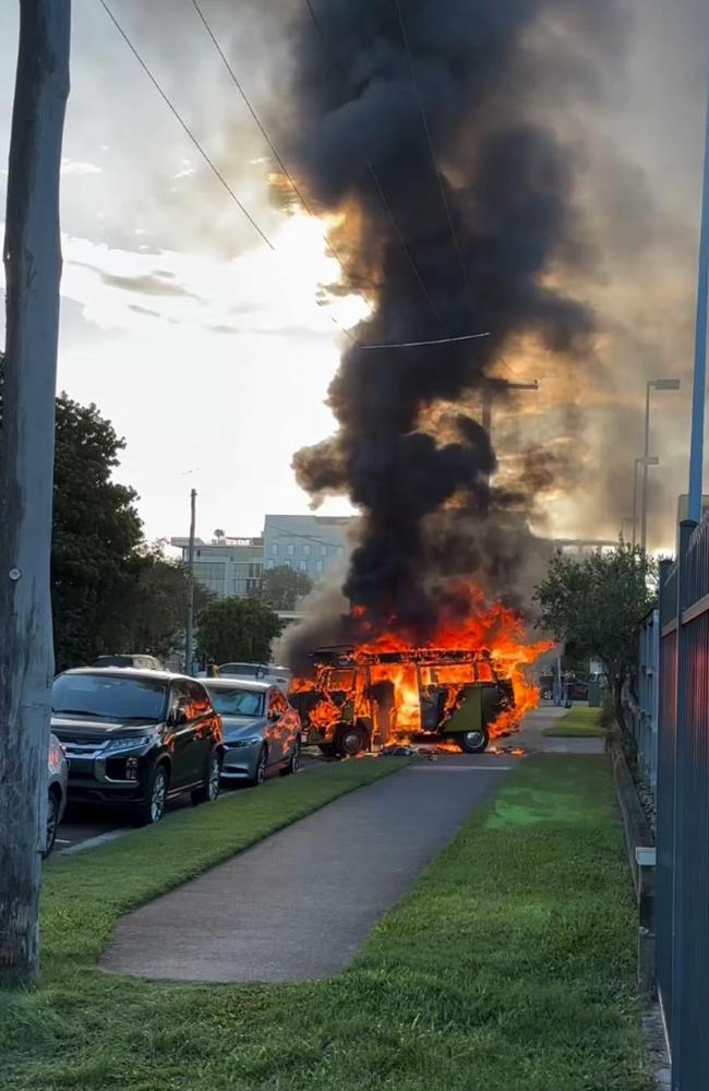 Craig McConnell's beloved kombi caught fire outside Maroochydore Aldi on April 30, 2024. Picture: @wiktortexas/Instagram