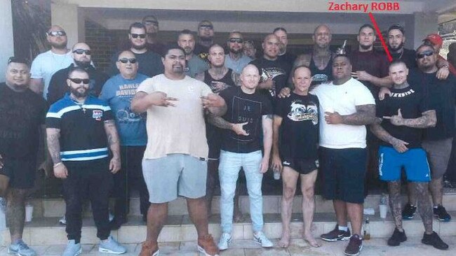 Zachary Robb (front right) pictured in a photo seized by ACT police with Comanchero bikie gang members identified by police including Pitasoni Ulavala, Sosefu Tu'uta Katoa, Palei Maifelemi, Khaled Khoder, Aofangatuku Langi, Taniela Tai, Laiseni Kakato, Christian Taumoefolau, and national president, Michael Murray. Picture: ACT Police/ACT Magistrates Court