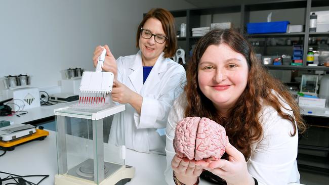 Associate Professors Lyndsey Collins-Praino, right, and Leonie Heilbronn in a laboratory at the University of Adelaide’s Helen Mayo Building. Picture: Mark Brake