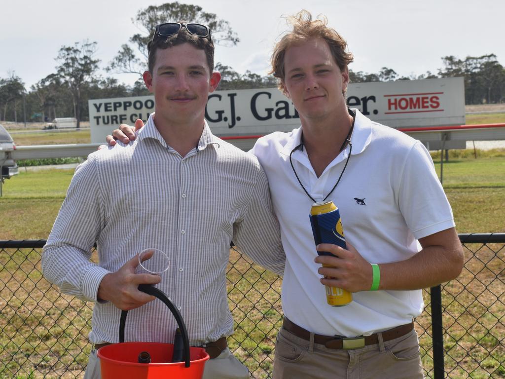 Dalton Loram and Jesse Laverty at the Yeppoon Turf Club's Derby Day races at Keppel Park Racecourse on November 2, 2024.