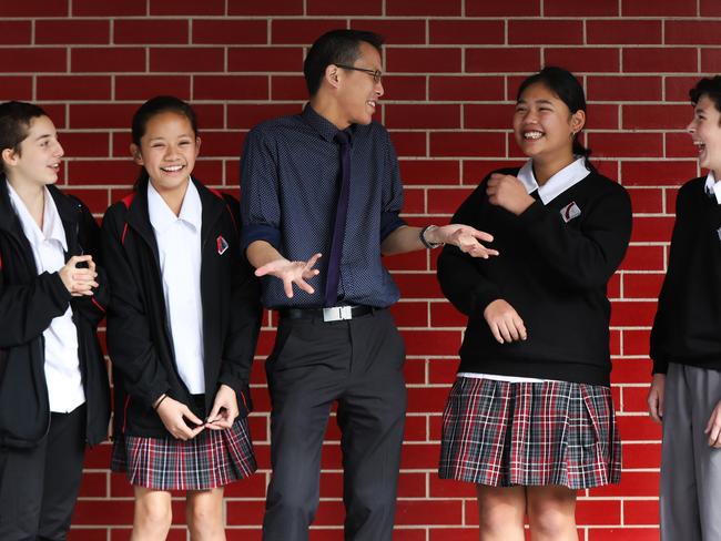 Eddie Woo with Cherrybrook Technology High School students Kattrina Panajic, Nellie Chan Mow, Kiara Williams and James Doak. Picture: Angelo Velardo