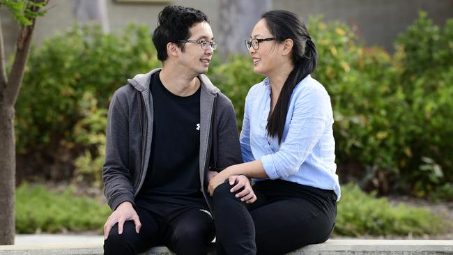 Nathan Nguyen and his wife Kerrie-Anne Teo during a rehab session at The Parks, Angle Park. Picture: Bianca De Marchi