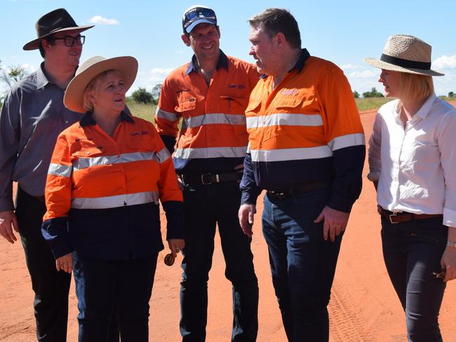 Member for Dawson George Christensen, Member for Capricornia Michelle Landry, Senator Matt Canavan, Adani chief executive Lucas Dow and Senator Amanda Stoker, at the Adani mine site.