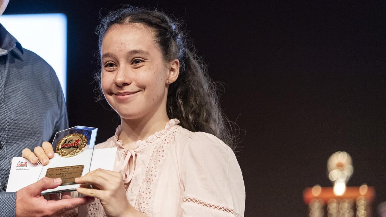 Taylah Chapman accepts the the 2023 Junior Para Athlete of the Year award at the Sports Darling Downs annual awards presentation. Picture: Kevin Farmer