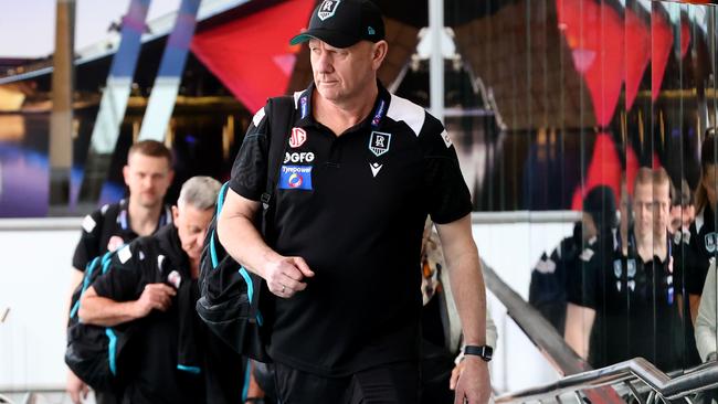 September 21, 2024: Coach Ken HinkleyÃPort Adelaide players and coaches arrive back in Adelaide after the loosing the Preliminary Final to the Sydney Swans.  Picture: Kelly Barnes