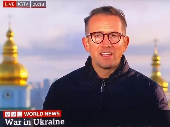 BBC reporter ducks for cover after air strike. Picture: Twitter
