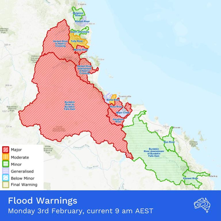 The BOM flood warning summary at 9am on Monday.