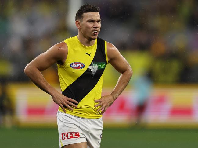 PERTH, AUSTRALIA - JULY 06: Daniel Rioli of the Tigers looks on during the 2024 AFL Round 17 match between the Fremantle Dockers and the Richmond Tigers at Optus Stadium on July 06, 2024 in Perth, Australia. (Photo by Will Russell/AFL Photos via Getty Images)