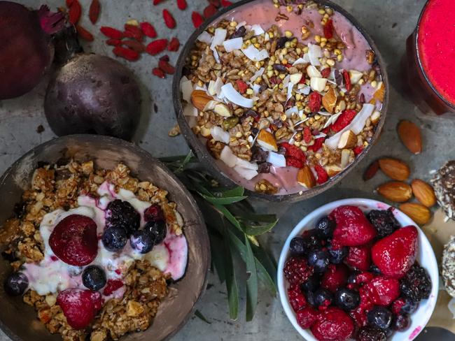 Housemade granola, acai and beetroot juice. Picture: Jenifer Jagielski