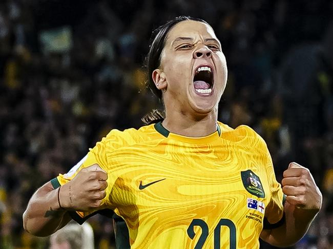 SYDNEY, AUSTRALIA - AUGUST 16: Sam Kerr of Australia celebrates her goal during the FIFA Women's World Cup Australia & New Zealand 2023 Semi Final match between Australia and England at Stadium Australia on August 16, 2023 in Sydney, Australia. (Photo by Daniela Porcelli/Eurasia Sport Images/Getty Images)