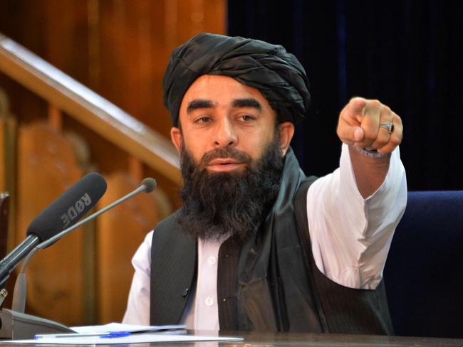 Taliban spokesman Zabihullah Mujahid gestures during a press conference in Kabul on August 24, 2021 after the Taliban’s takeover of Afghanistan. Picture: AFP