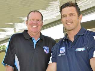 TRL representative program head Len Currie (left) discusses upcoming fixtures with new Clydesdales coach Ned Murphy. Picture: Jason Gibbs