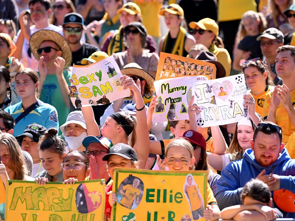 Fans show their support during the Australian Matildas community reception following their 2023 FIFA Women's World Cup campaign. Picture: Bradley Kanaris/Getty Images