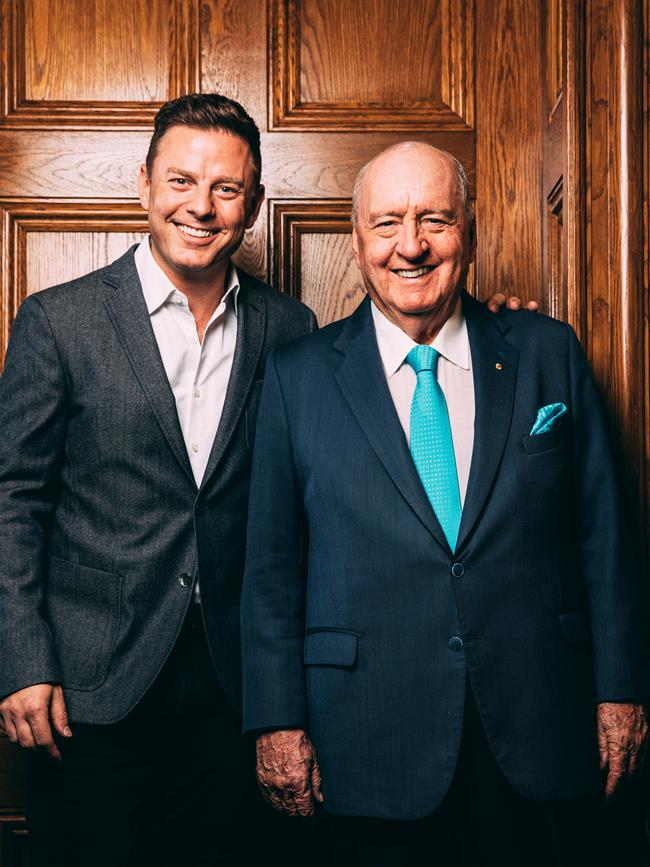 Alan Jones at his Southern Highlands home with Ben Fordham, who will take over the 2GB breakfast slot. Picture: Jonathan Ng