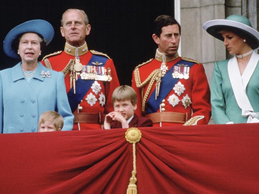 A familiar sight: Queen Elizabeth II, Prince Philip, Prince Charles, Diana Princess of Wales, Prince William and Prince Harry stand on the balcony of Buckingham Palace for Trooping the Colour. Picture: Tim Graham Photo Library via Getty Images