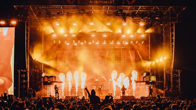 Slipknot performing at Flemington Racecourse in Melbourne on Friday. Picture: Jordan Munns