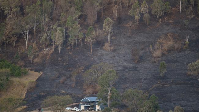 A burnt out paddock surrounds a house near Lamington National Park Road, Canungra, Queensland, Saturday, September 7, 2019. (AAP Image/Aaron Bunch)