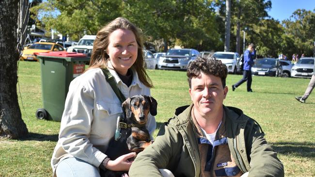 Karla Schaub, dachshund Mila, and Clint Old at Grammar Downlands Day, Saturday, August 19, 2023. Picture: Peta McEachern